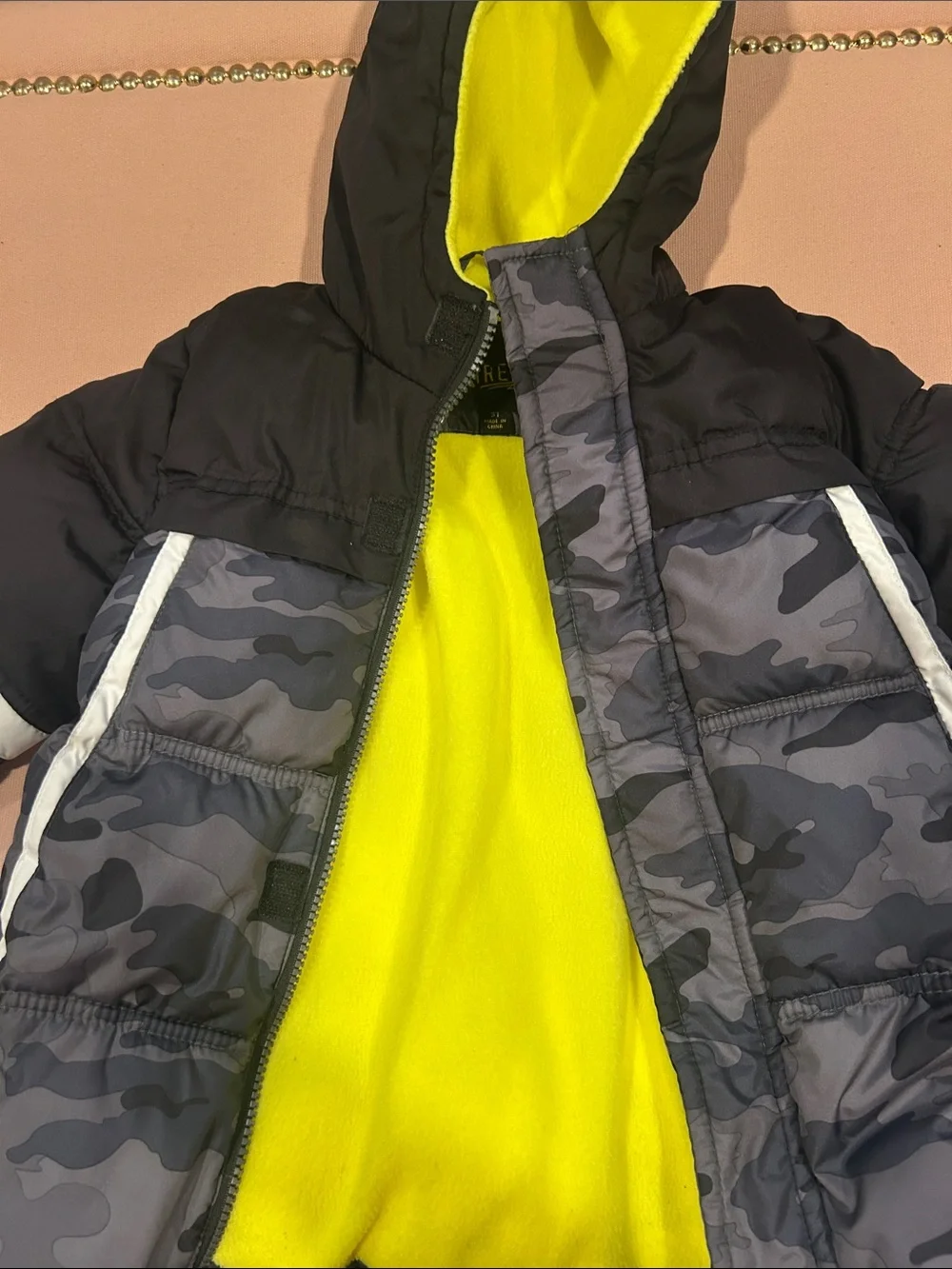 Kids Grey Camo Puffer Jacket with Neon Lining